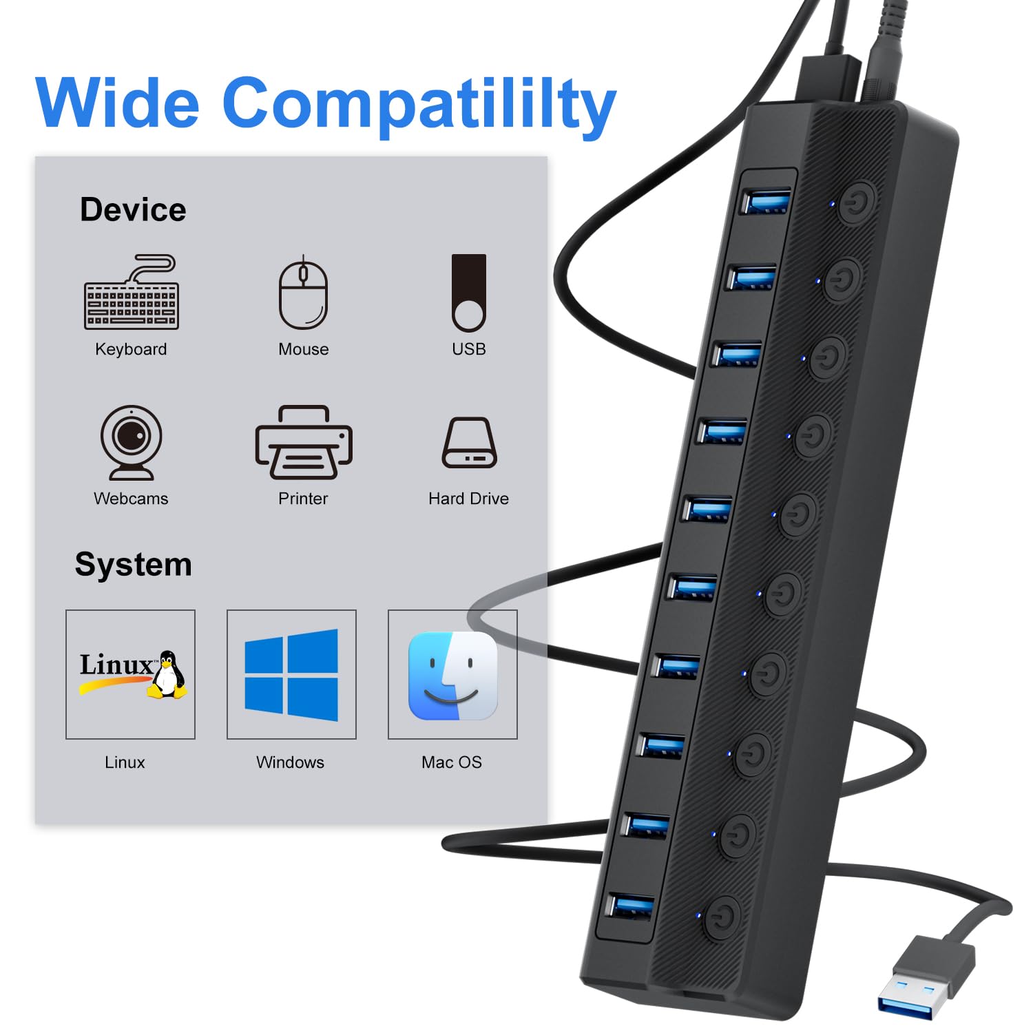 Onfinio Powered USB Hub 3.0, 10-Port USB Splitter Hub with Individual On/Off Switches and 12V/2A Power Adapter USB Extension for MacBook, Mac Pro/Mini and More