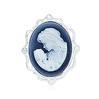 Bling Jewelry Classic Antique Vintage Style Blue Black White Carved Oval Simple Framed Victorian Lady Portrait Mother and Child Cameo Pendant Necklace For Women Wife .925 Sterling Silver Customizable