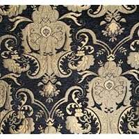 Damask, Chenille,Upholstery,Drapery Fabric, Black/Gold, Sold by The Yard 58