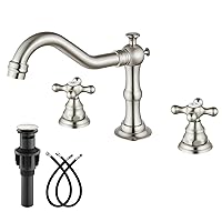 gotonovo Brushed Nickel 3 Hole Bathroom Sink Faucet Two-Handle with Pop Up Drain Deck Mount Widespread Double Cross Knobs Mixing Tap