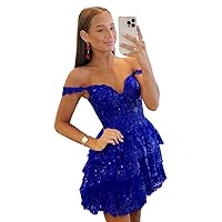 Women's Tiered Lace Sequin Homecoming Dresses Off The Shouler Corset Prom Cocktail Mini Dress for Juniors MA15