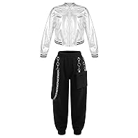 CHICTRY 2Pcs Kids Girls Metallic Long Sleeves Zipper Jacket Pocket Sweatpants with Chain Set Street Dancing Outfit