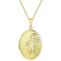 YOUFENG Oval Round Flower Locket Necklace that Holds Pictures Photo Locket Pendant Gifts for Girl