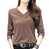 ODFMCE Women's T-Shirt, Long Sleeve, Spring V-Neck, Cotton, Solid Top, Stylish, Beautiful, Large Size