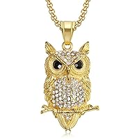 Hip Hop Iced Out Owl Pendant Stainless Steel Protection Symbol Night Bird Necklace for Men Women, 24 inch Chain