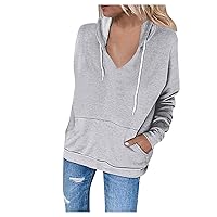 Women Casual Hoodie Long Sleeves Fashion V Neck Pullover Sweatshirts Loose Fit Tunic Fall Tops Comfy Shirts