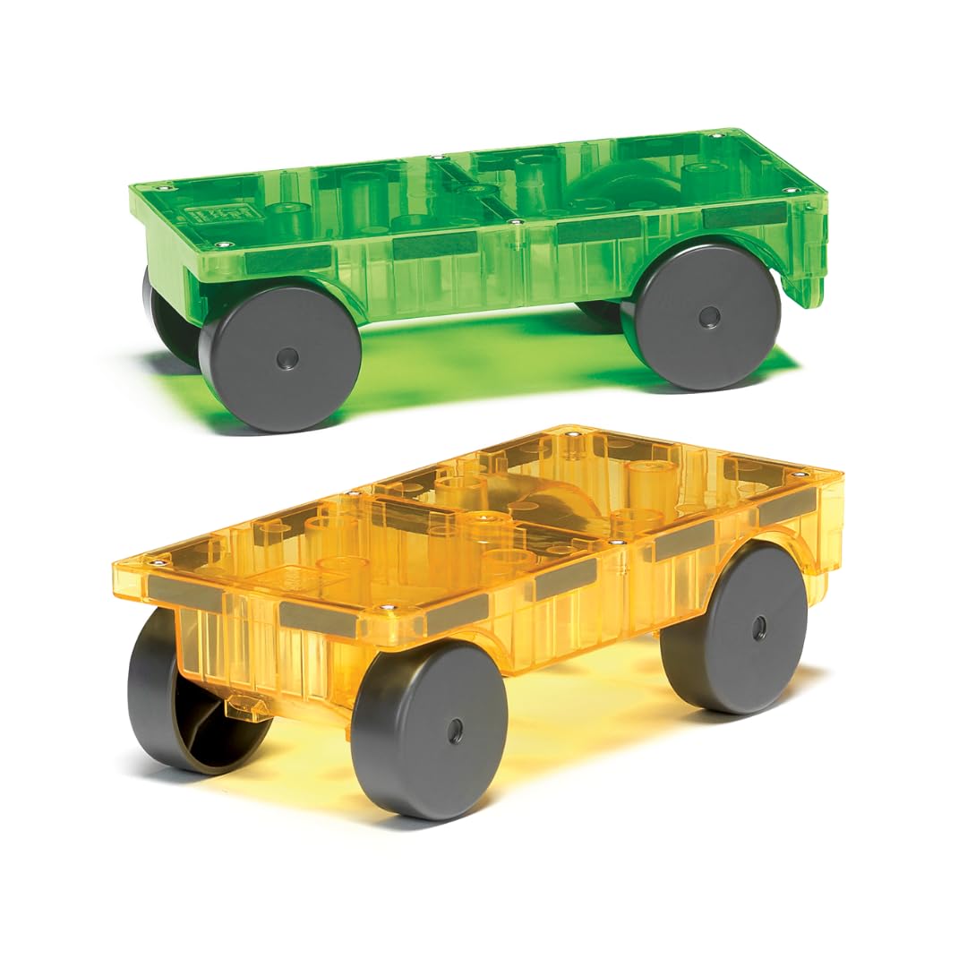 MAGNA-TILES Cars – Green & Yellow 2-Piece Magnetic Construction Set, The ORIGINAL Magnetic Building Brand