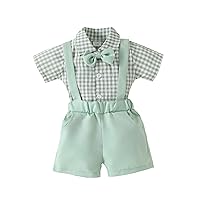 Toddler Boys Infant Baby Clothes Plaid Short Sleeve Bowknot Rompers Tops Suspenders Overalls Pants 2pcs Outfits Set