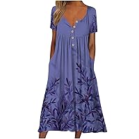 YZHM Sundress with Pockets for Women, Women's Summer Dresses Short Sleeve Floral Print Maxi Dress Loose A-Line Beach Dress