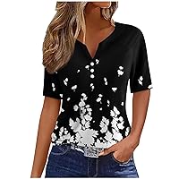 2024 Stylish T Shirts for Women, Summer Fashion V Neck Short Sleeve Henley Shirt with Button, Womens Trendy Basic Blouse Tops