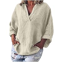 Women's 2024 Fall Fashion Blouse Tops Casual Long Sleeve V Neck Cotton Linen Shirts Oversized Baggy Tunic Tshirt Beige
