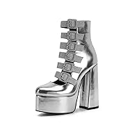Frankie Hsu Lolita Women's Large Size Buckle Strap Silver Crystal Glitter Pu Leather Platform Chunky Block High Heels Ankle Heeled Sandal Boots Shoes