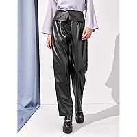 Women's Pants Pants for Women Fold Over High Waist Coated Straight Leg Pants (Color : Black, Size : X-Small)