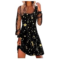 Sexy Splicing Mesh Long Sleeve Cocktail Party Shift Dress for Women Square Neck Mini Spring Dress for 2023