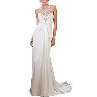 Women's Top See Through Crystal Simple Long Chiffon White Beach Wedding Dress