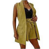Women's 2 Piece Suit Sets Sleeveless Blazer Vest and Belted High Waist Shorts Summer Fashion Casual Solid Jacket Set