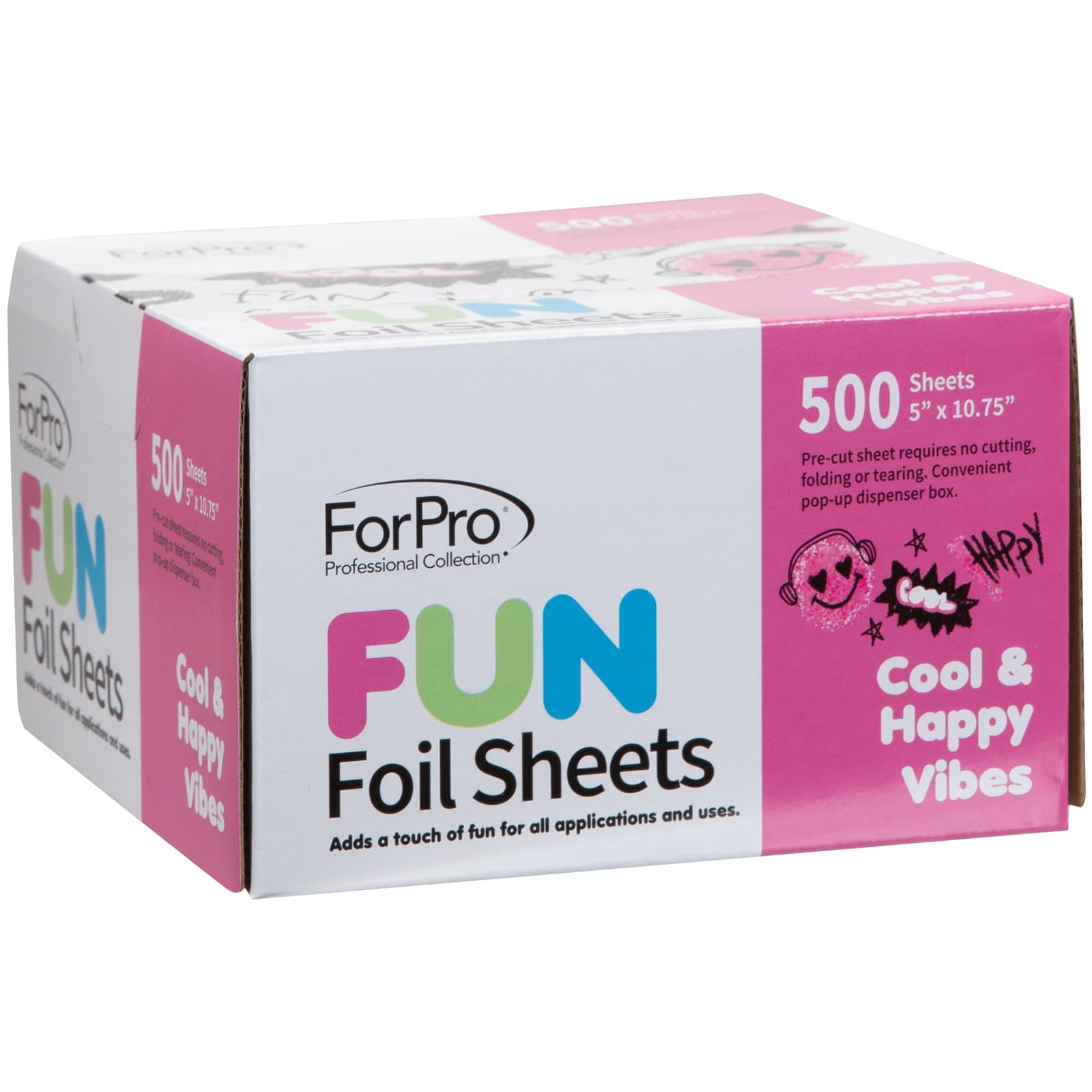 ForPro FUN Cool & Happy Vibes Foil Sheets, Aluminum Foil, Pop-Up Foil Dispenser, Hair Foils for Color Application and Highlighting Services, Food Safe, 5” W x 10.75” L, 500-Count