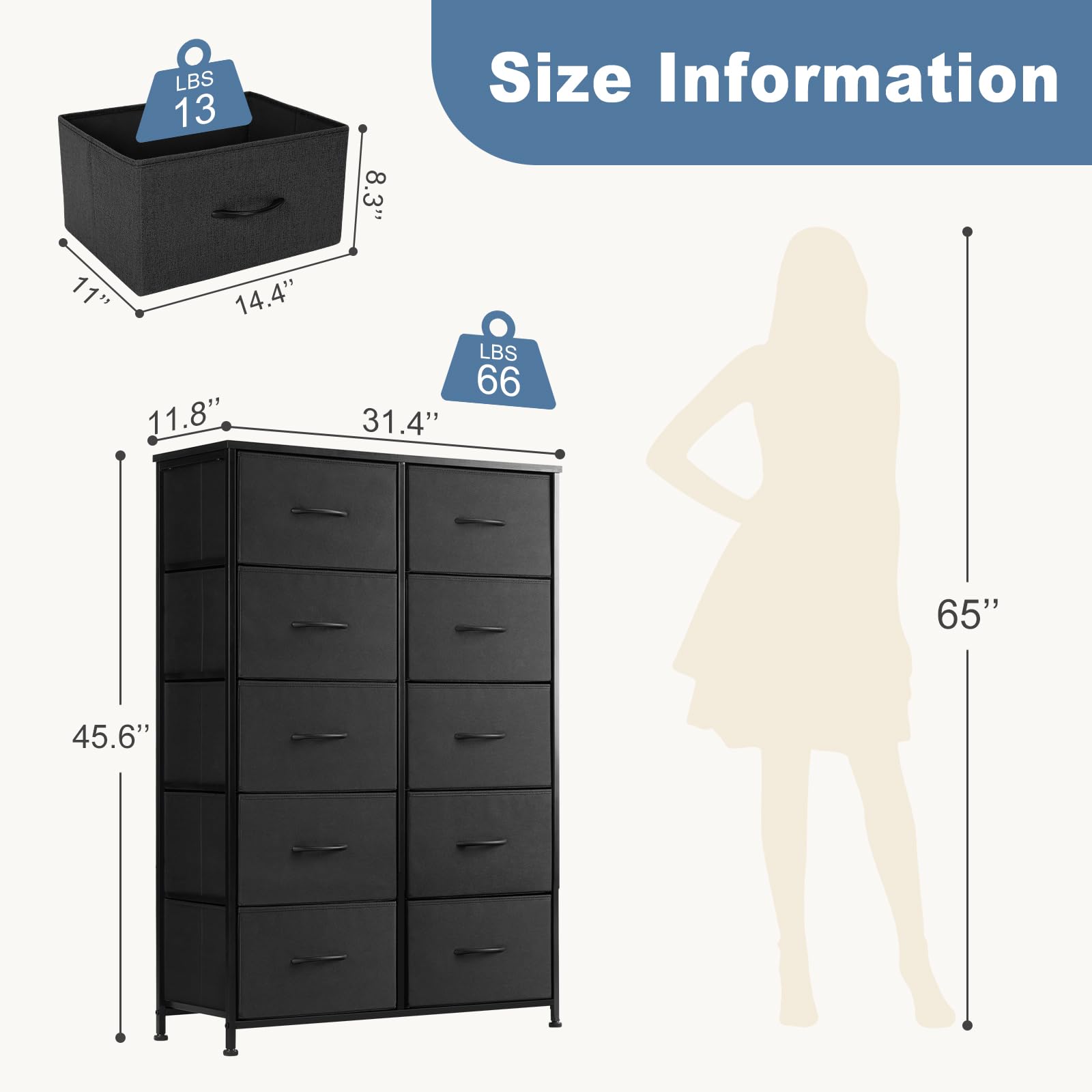 Dresser for Bedroom, Tall Storage Drawers, Fabric Storage Tower with 10 Drawers, Chest of Drawers with Fabric Bins, Sturdy Metal Frame, Wood Tabletop for Kids room, Closet, Entryway, Nursery, Black