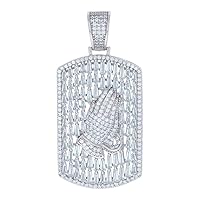 925 Sterling Silver Mens Baguette Round CZ Cubic Zirconia Simulated Diamond Praying Hands Symbol Religious Animal Pet Dogtag Pendant Necklace Jewelry for Men