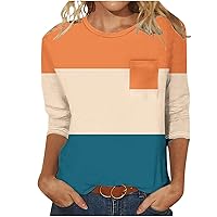 3/4 Length Sleeve Womens Tops with Pocket,Color Block Crewneck Fashion Shirts Regular Large Size Loose Casual Tees