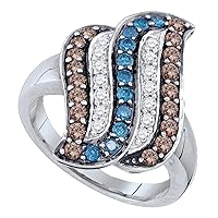 TheDiamondDeal 10kt White Gold Womens Round Brown Blue Color Enhanced Diamond Stripe Cluster Ring 7/8 Cttw