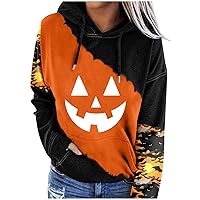 Halloween Hoodie Womens 2023 Pumpkin Face Graphic Sweatshirts Long Sleeve Color Block Top Graphic Hoodie for Women