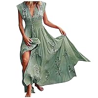 Women's Summer Short Sleeve Floral Print Dresses Beach Waist Tie Wrap Long Flowy Dress
