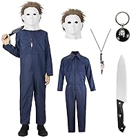 Blue Jumpsuit with Mask Knife Keychain Necklace,Jumpsuit Halloween Costume Coveralls