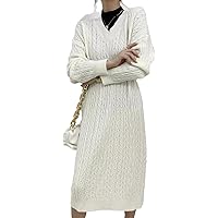Chunky Knit Oversized V Neck Midi Cable Sweater Dress Long Sleeve Loose Twistknit Long Knit Dresses