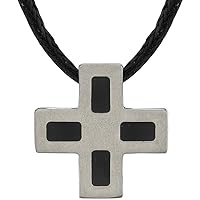 PEORA Genuine Titanium Square Cross Pendant for Men and Women, Custom Two Tone Design with Cubic Zirconia, 18+2 inch Twisted Black Cord