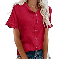 Womens Summer Cotton Shirt Button Down V Neck Short Sleeve Blouse Casual Loose Lightweight Tunic Solid Color Tops