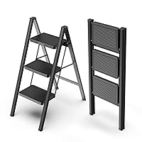 3 Step Ladder, Folding Step Stool with Non-Slip Pedals, Portable Stepping Stool for Adults, Sturdy Steel Ladder, Space Saving for Home, Anti Skid Feet, Support 330lbs - Black
