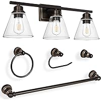 Hykolity 3-Light Vanity Light Fixture, 5-Piece All-in-One Bathroom Set (E26 Bulb Base), Oil Rubbed Bronze Wall Sconce Lighting with Glass Shads, ETL Listed (Bulb not Included)