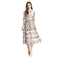 Women Maxi Dress White Floral Printed Lace Patchwork Half Sleeve Date Dress