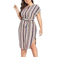 SULEAR New Summer Dresses for Women Fashion Women Plus Size Casual Colorful Stripe Print Short Sleeve Bandage Dress