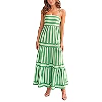 Women Striped Print Maxi Dress Spaghetti Strap Flowy Tiered Dress Sleeveless Summer Casual Beach Long Dress
