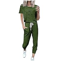 Summer 2 Piece Sets Women Art Print Outfits Going Out Short Sleeve Crewneck Tops and Drawstring Sweatpant Tracksuit