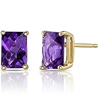 Peora Amethyst Earrings for Women in 14 Karat Yellow Gold, Classic Solitaire Studs, 7x5mm Radiant Cut, 1.75 Carats total, Friction Back