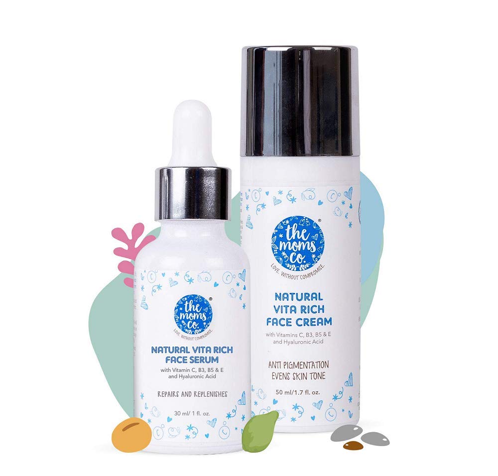 The Moms Co. Natural Vitamin C Face Cream (50 ml) & Face Serum (30 ml) for Repair & Replenish with Vitamins C, B3, B5 & E and Hyaluronic Acid