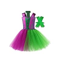 Kids Girls Halloween Clown Tutu Dress Costume with Gloves Circus Joker Funny Role Play Christmas Carnival Outfits