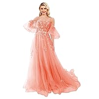 Off Shoulder Tulle Prom Dresses Lace Appliques Formal Dress Long Spaghetti Straps Ball Gown with Puffy Sleeve for Women