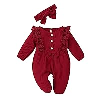 Newborn Girls Fall Solid Color Long Sleeve V Neck Ruffled Corduroy Romper With Lace Hem under Shirts for