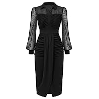 Belle Poque Womens Vintage Dress Mesh Long Sleeve Dress Ruched Dress for Work