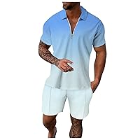 Hawaiian Gradient Graphic Shirt and Shorts Set Summer Beach Quarter-Zip Lapel T-Shirt Stretch Comfortable Outfits