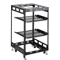 Tedgetal 15U Open Frame Rack for Servers & AV Gear - Wall Mountable Design Includes 2X Vented Shelves, 4X Leveling Feet, 4X Casters