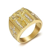 10K 14K 18K Solid Gold Jesus Cross Ring for Men Christian Cross Rings Gold Mens Jesus Religious Gift for Men Dad Husband Boyfriend Size 4-15