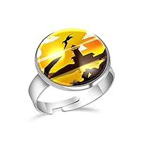 Lighthouse Albatross Bird Sunset Silhouette Adjustable Rings for Women Girls, Stainless Steel Open Finger Rings Jewelry Gifts