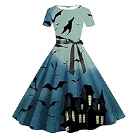 Vintage Tea Dress 1950's Halloween Castle Graphic Short Sleeve Midi Dress Retro Swing Party Cocktail Dress for Women