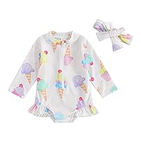 Newbgclo Infant Toddler Baby Girl One-Piece Swimsuit Floral Print Zipper Bathing Suit Ruffled Long Sleeve Rash Guard Swimwear