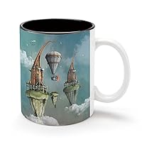Fantasy Flying Town with Hot Air Balloon 11Oz Coffee Mug Personalized Ceramics Cup Cold Drinks Hot Milk Tea Tumbler with Handle and Black Lining